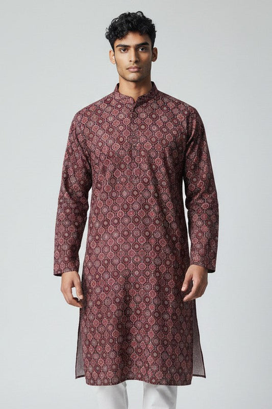 Men's Maroon Printed Kurta Pajama Set