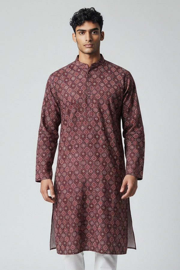 Men's Maroon Printed Kurta Pajama Set