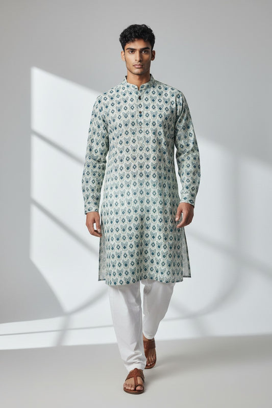 Men's Blue Printed Kurta Pajama Set