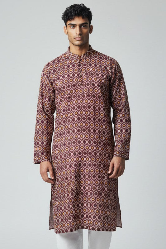 Men's Maroon Printed Kurta Pajama Set