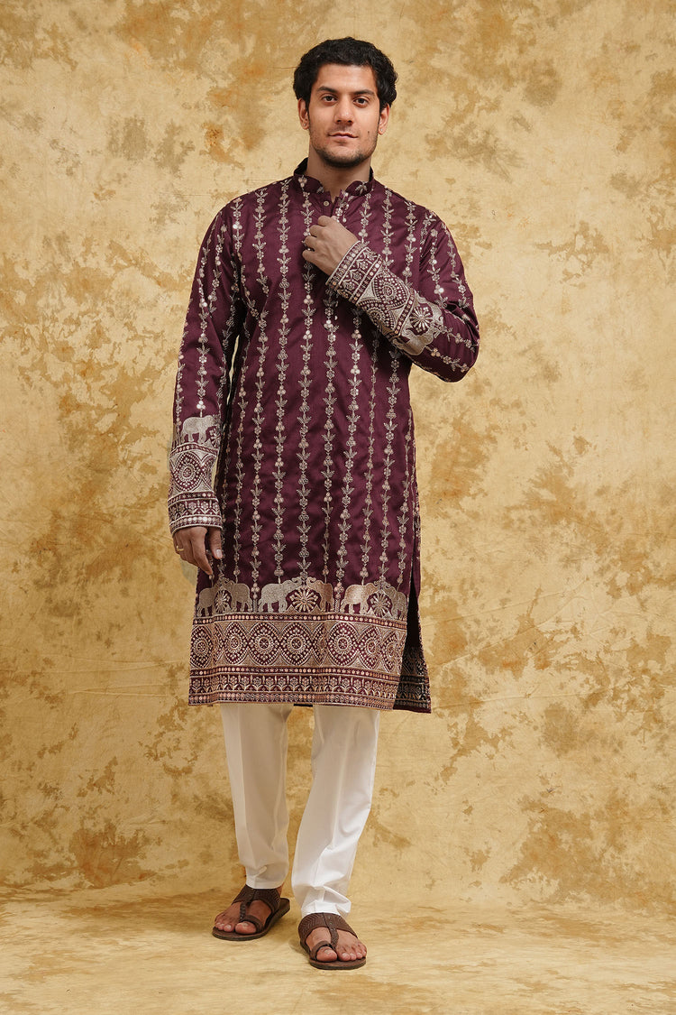 Maroon Elephant Embroidered Kurta Set – Wedding Heritage Edition