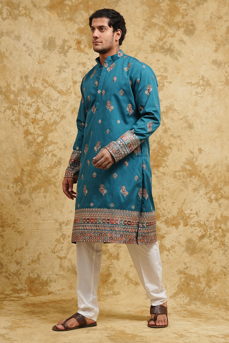 Teal Zari Butti Jaipuri Silk Blend Kurta Set – Wedding Edition