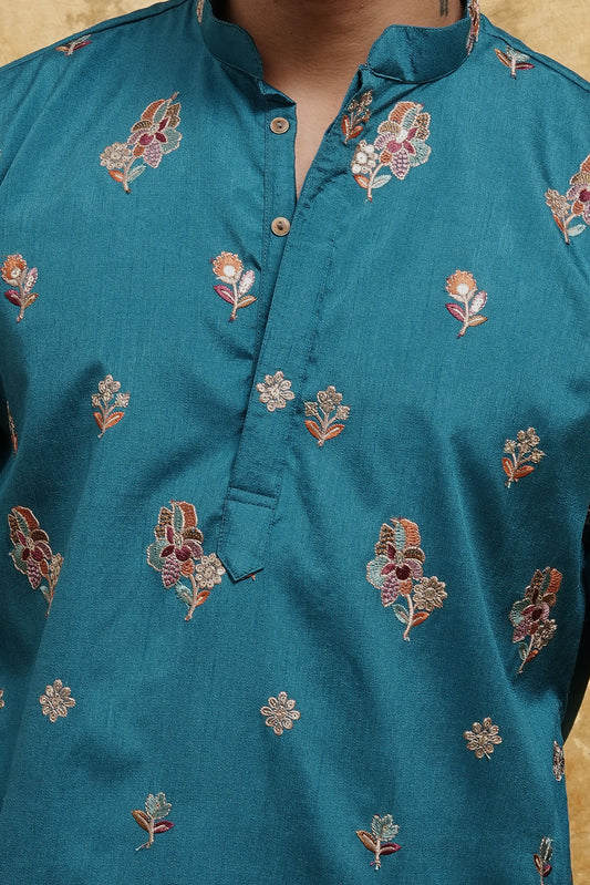 Teal Zari Butti Jaipuri Silk Blend Kurta Set – Wedding Edition