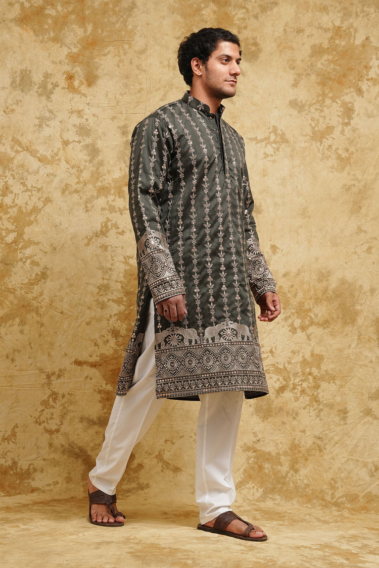 Green Elephant Embroidered Kurta Set – Regal Evening Edition