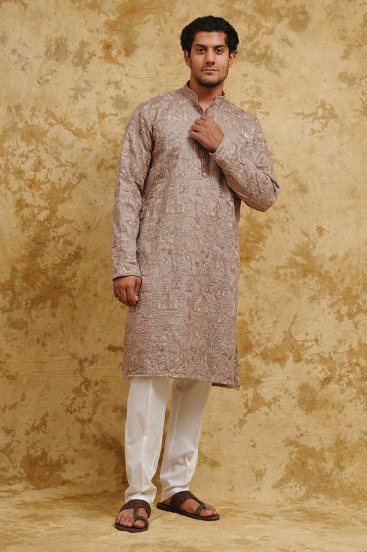 Taupe Gold All-Over Thread-Embroidered Kurta Set