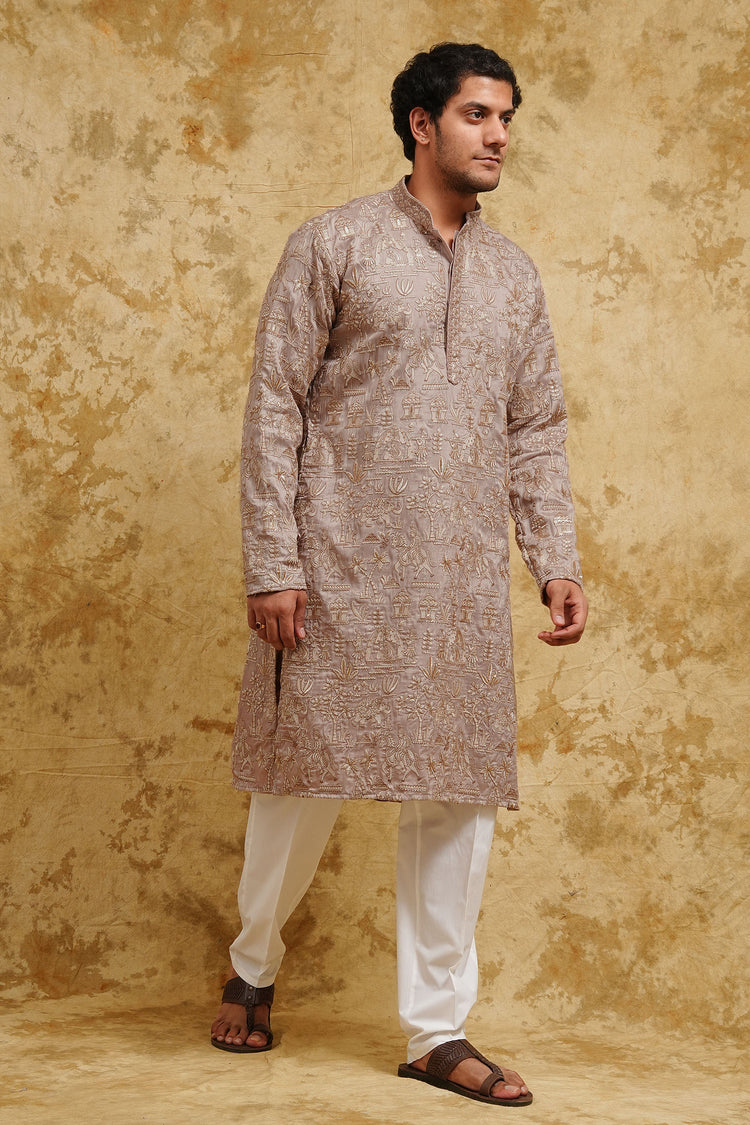 Taupe Gold All-Over Thread-Embroidered Kurta Set