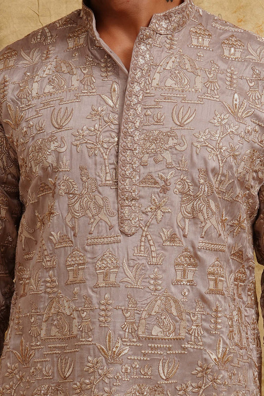 Taupe Gold All-Over Thread-Embroidered Kurta Set