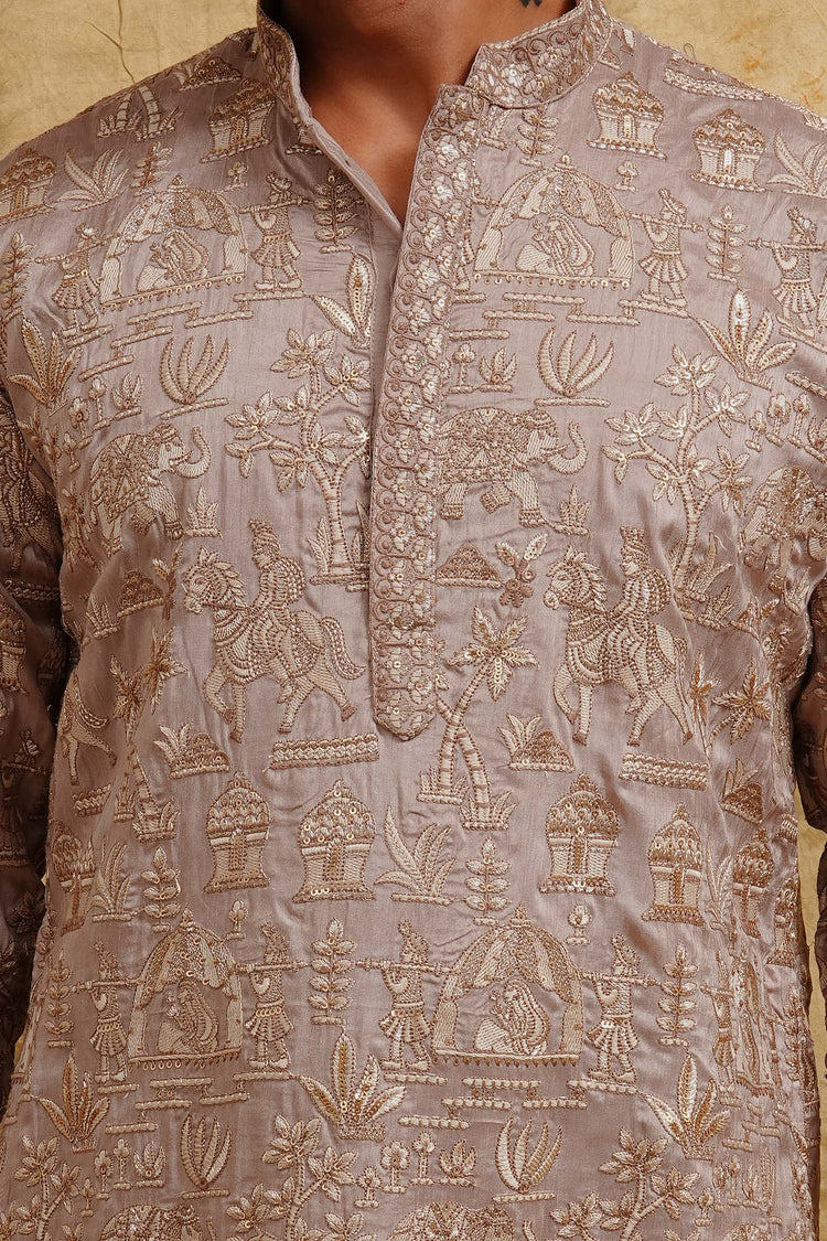 Taupe Gold All-Over Thread-Embroidered Kurta Set