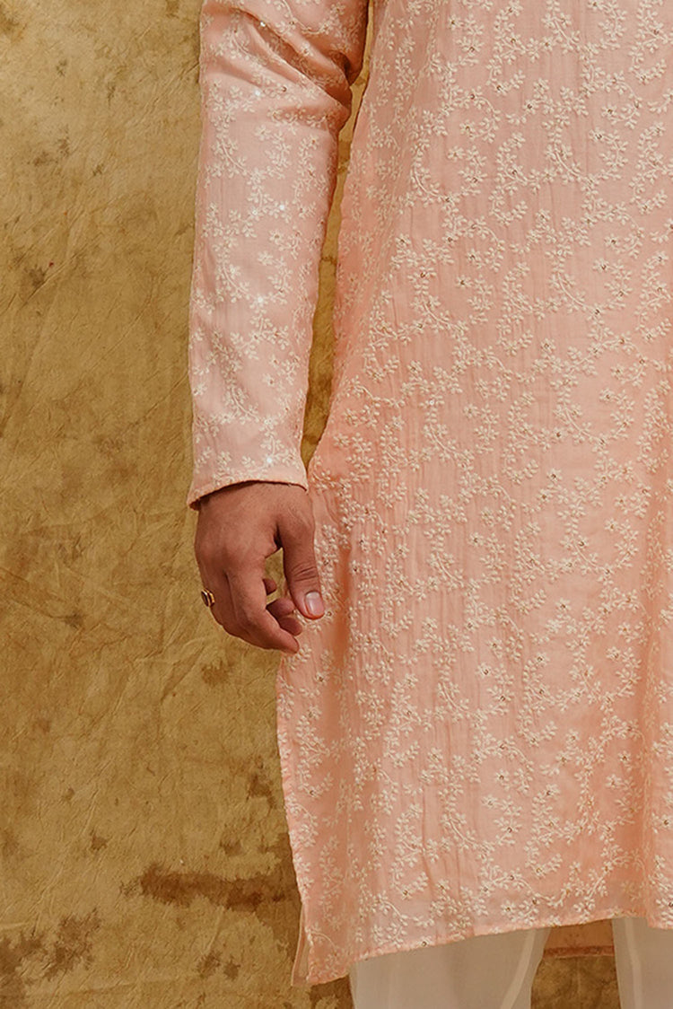 Blush Peach Floral Sequin-Embroidered Kurta Set for Men