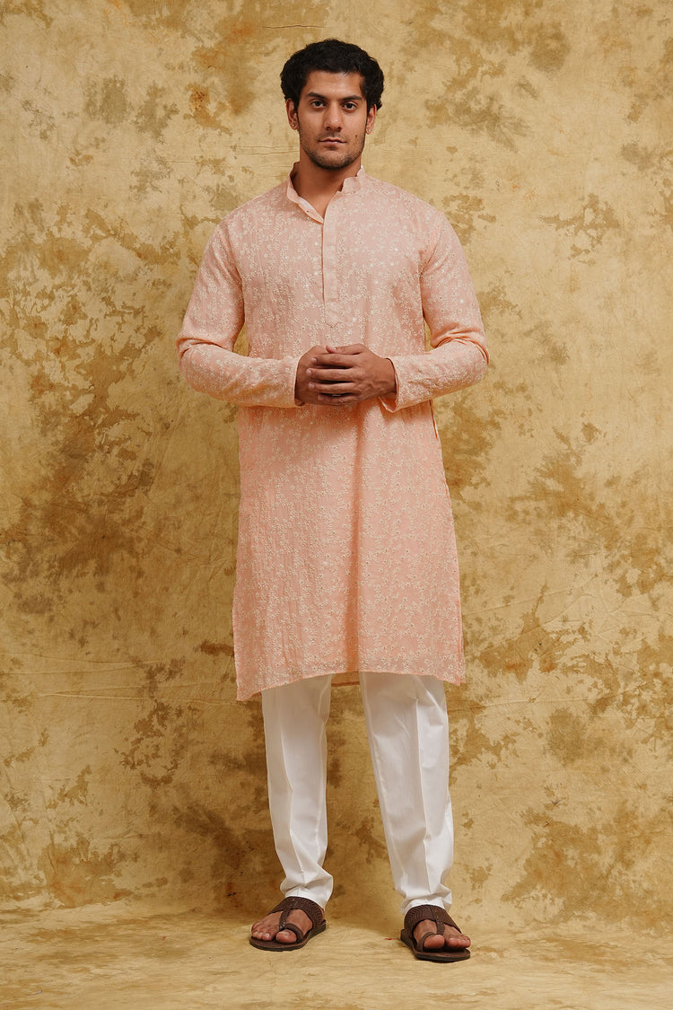 Blush Peach All-Over Floral Sequin-Embroidered Kurta