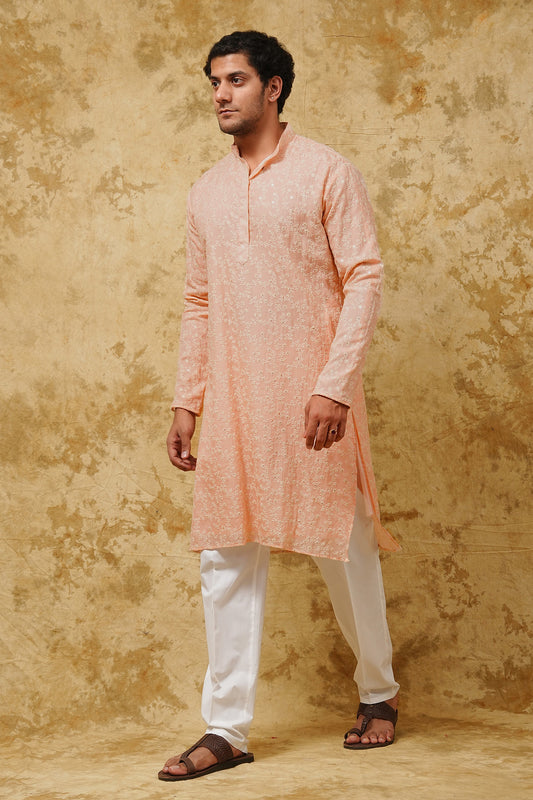 Blush Peach Floral Sequin-Embroidered Kurta Set for Men