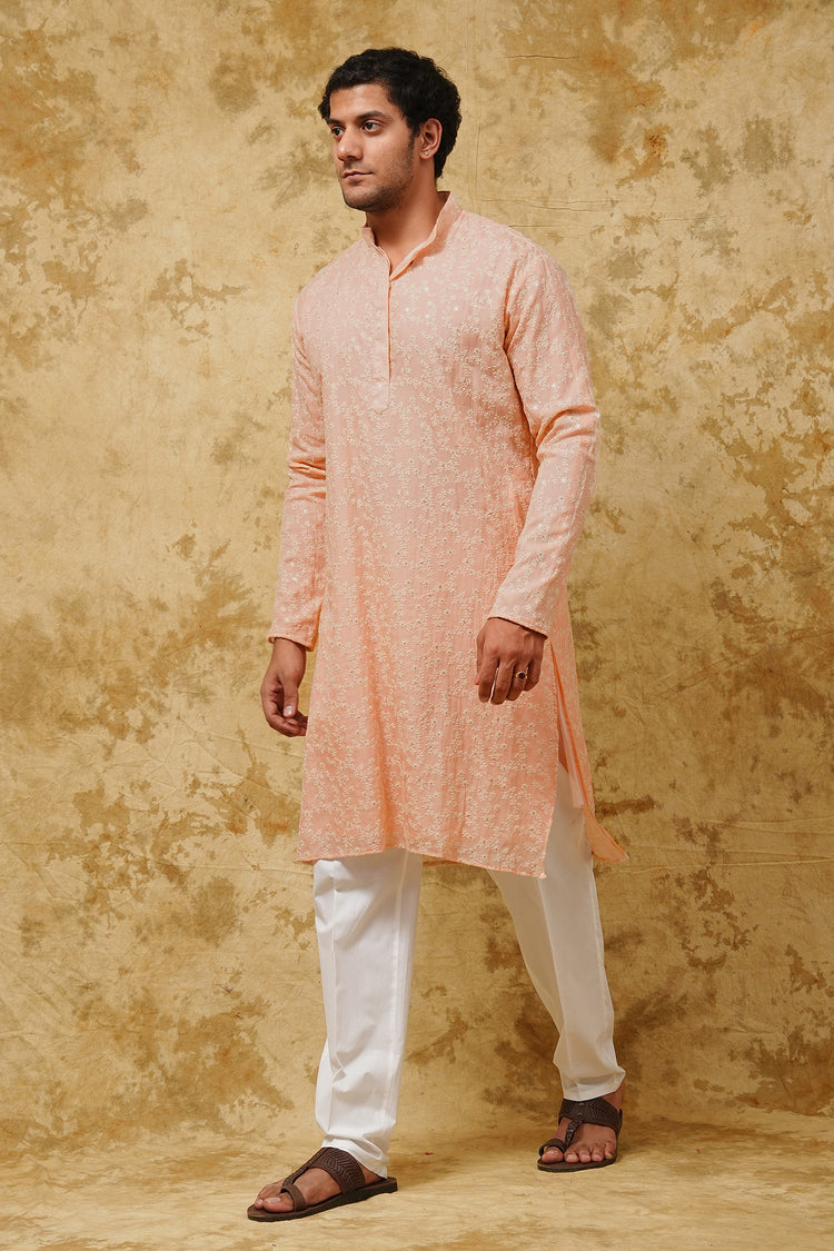Blush Peach All-Over Floral Sequin-Embroidered Kurta