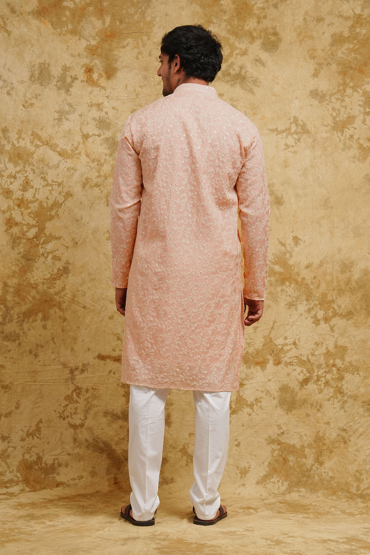 Blush Peach All-Over Floral Sequin-Embroidered Kurta