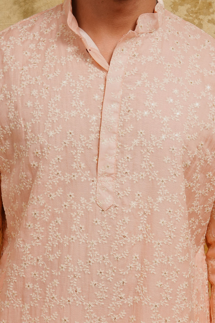 Blush Peach Floral Sequin-Embroidered Kurta Set for Men