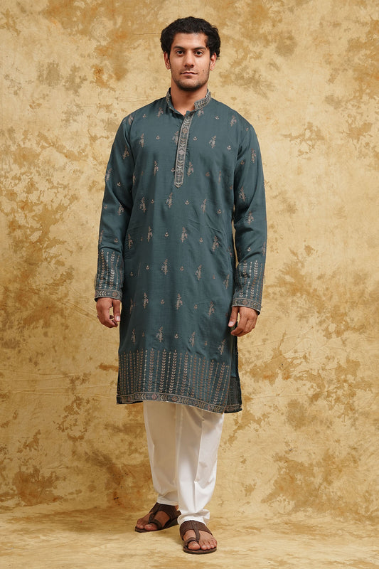 Teal Mist All-Over Thread-Embroidered Kurta