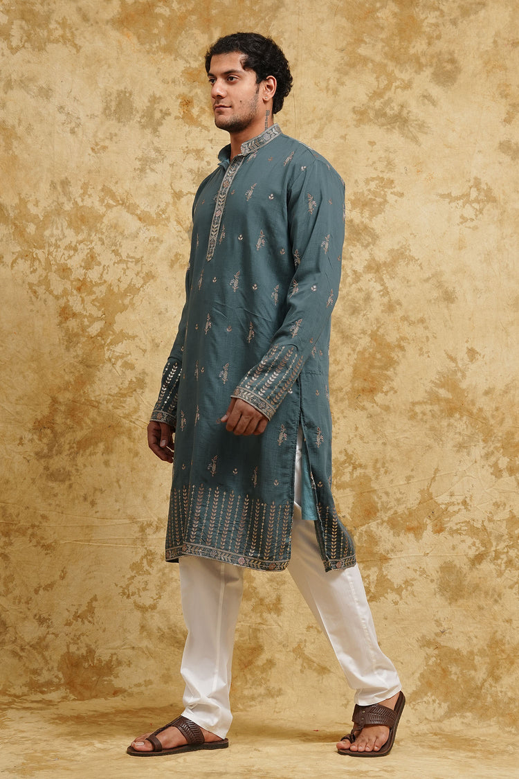 Teal Mist All-Over Thread-Embroidered Kurta