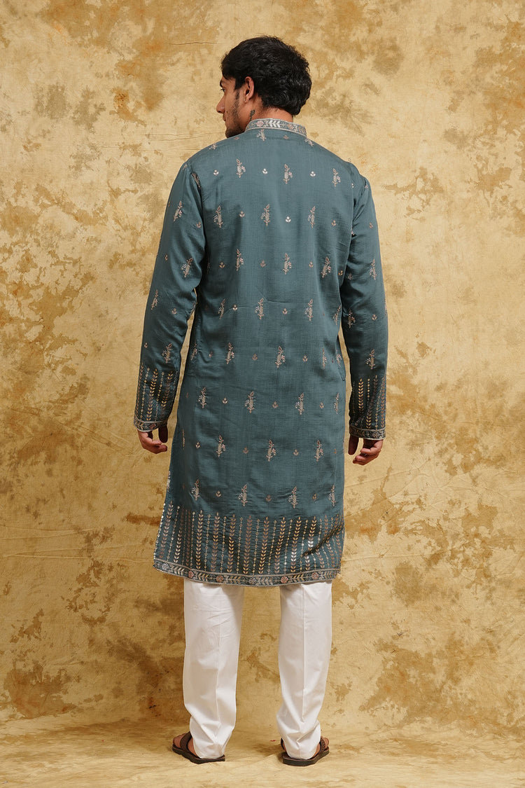 Teal Mist All-Over Thread-Embroidered Kurta