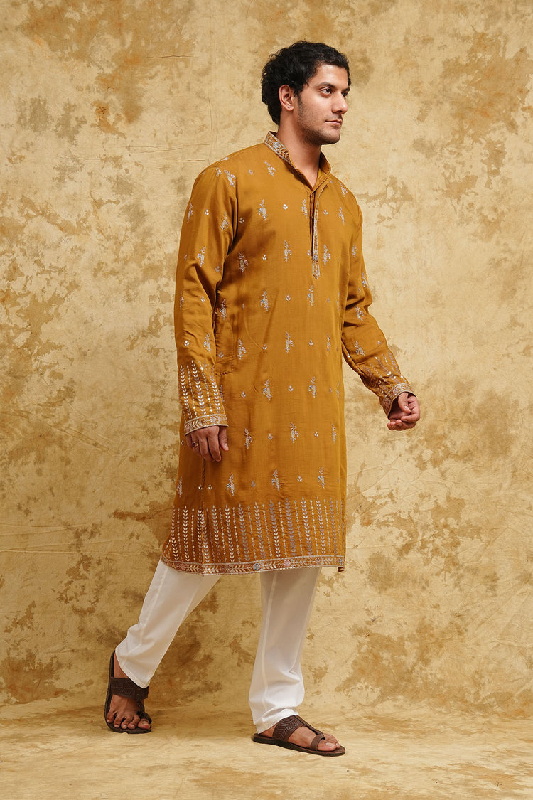 Olive Dusk Thread-Embroidered Kurta Set for Men