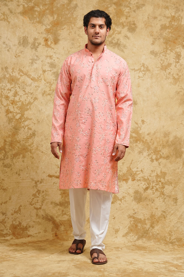 Blush Rose Vine-Embroidered Kurta