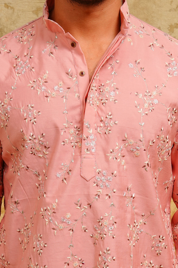 Blush Rose Vine-Embroidered Kurta