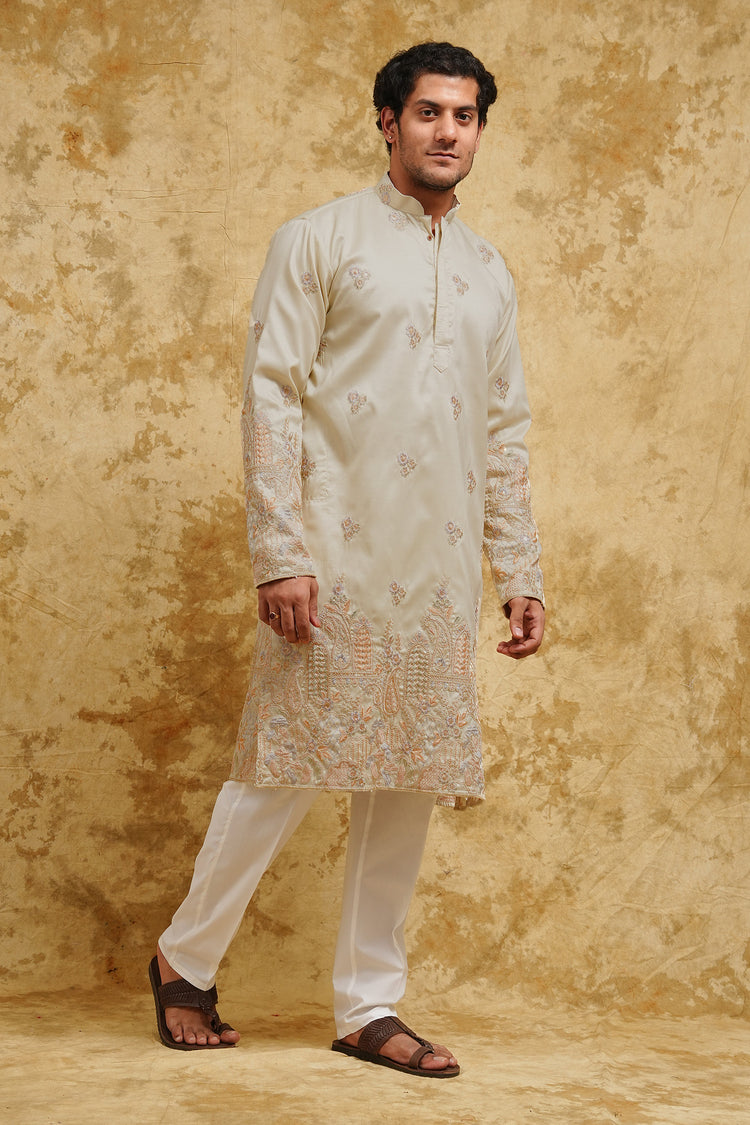 Cream Pastel Resham Embroidered Kurta Set
