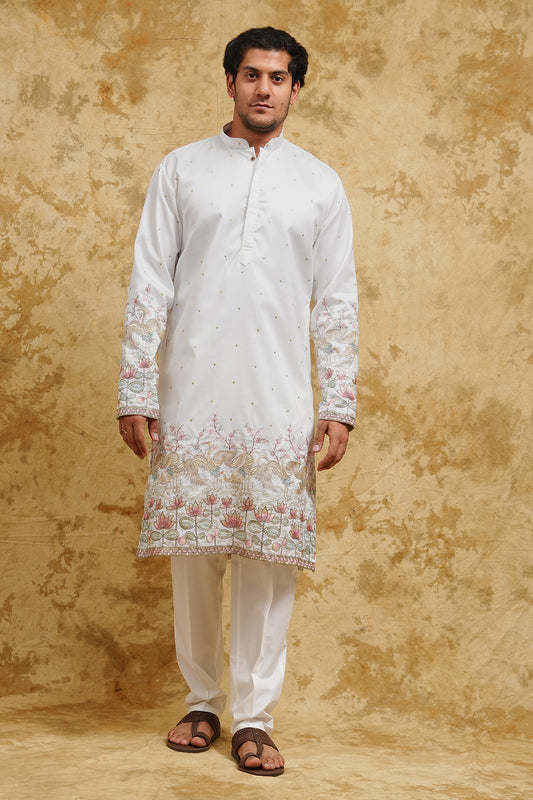 White Pastel Floral Embroidered Kurta Set