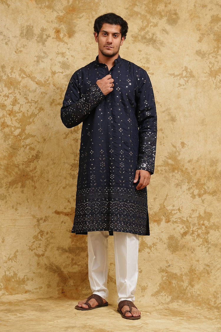 Navy Blue Thread-Embroidered Kurta Set