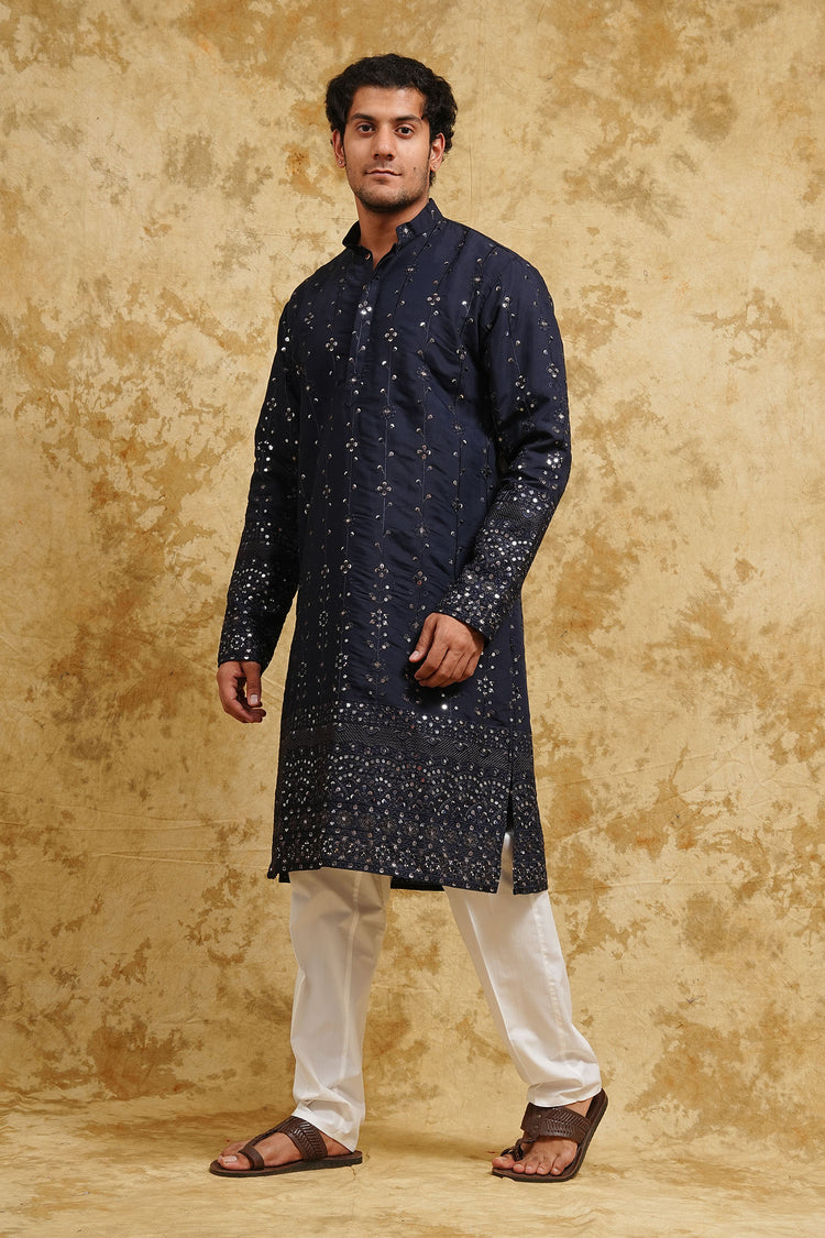 Navy Blue Thread-Embroidered Kurta Set