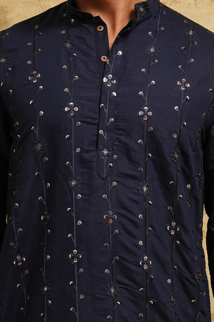 Navy Blue Thread-Embroidered Kurta Set