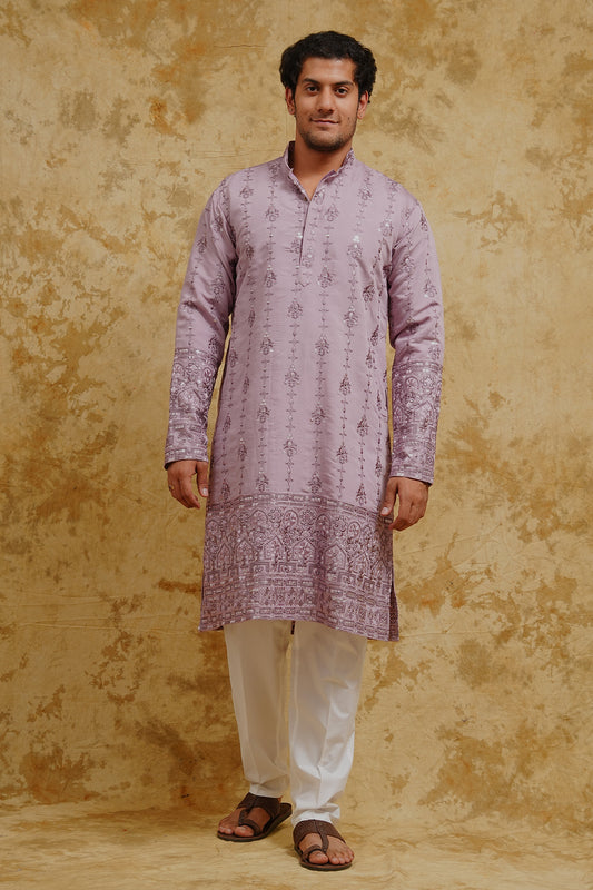 Dusty Lavender Thread-Embroidered Kurta Set