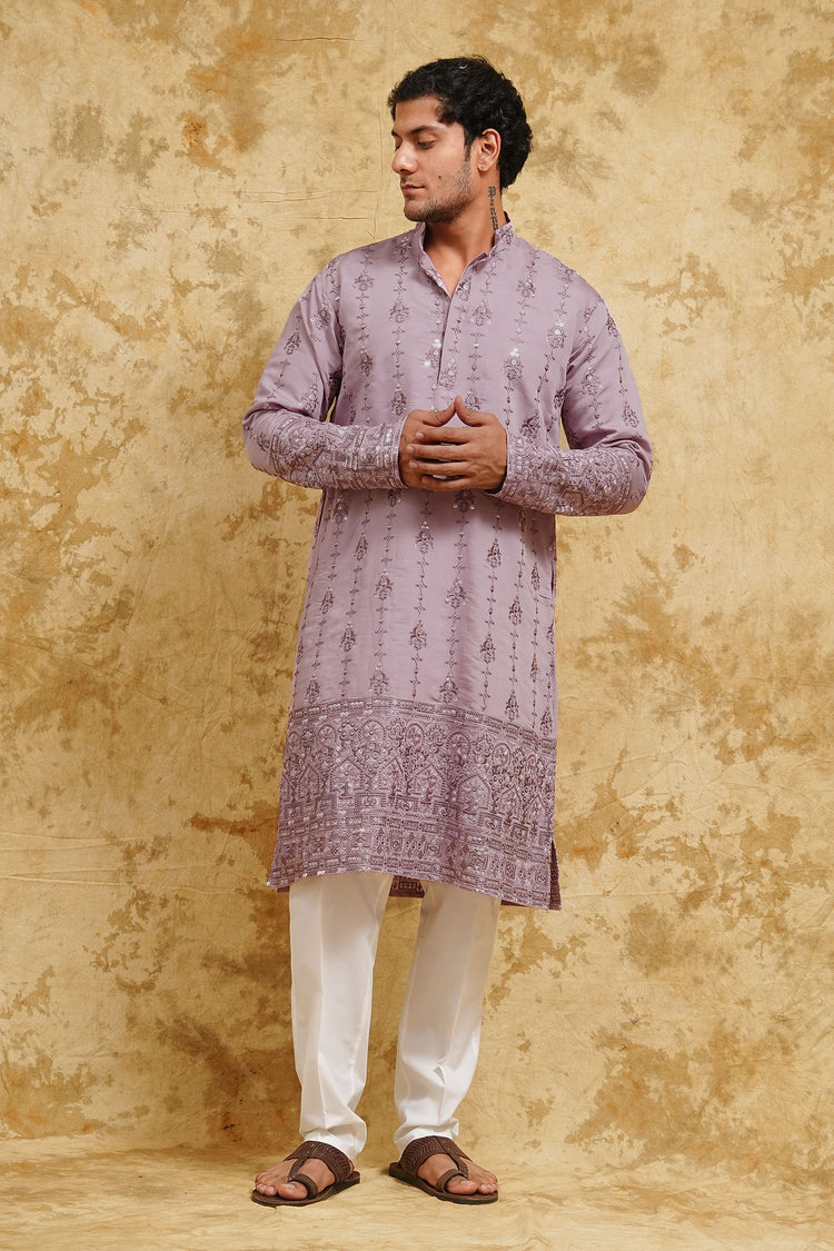 Dusty Lavender Thread-Embroidered Kurta Set