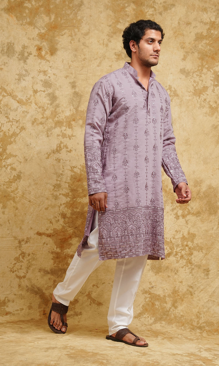Dusty Lavender Thread-Embroidered Kurta Set