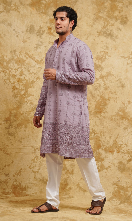 Dusty Lavender Thread-Embroidered Kurta Set