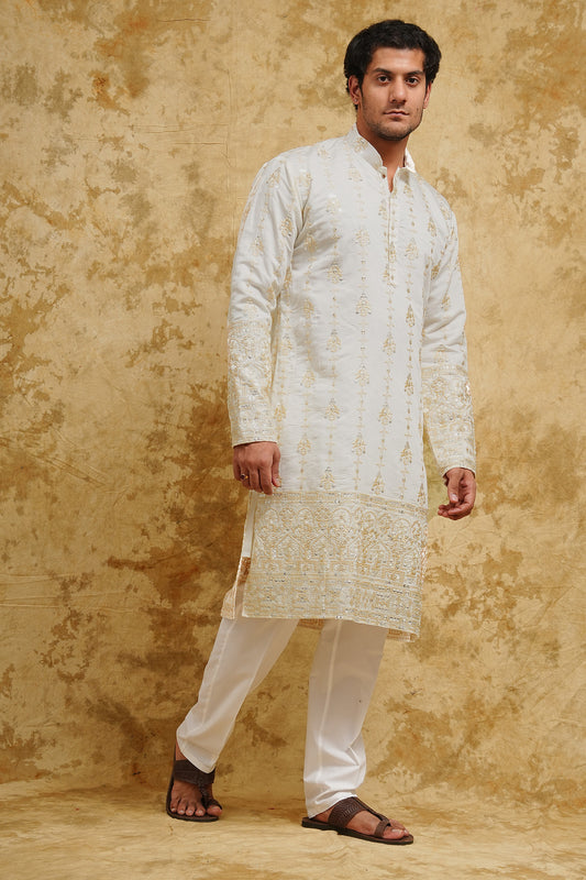 White Thread-Embroidered Kurta Set