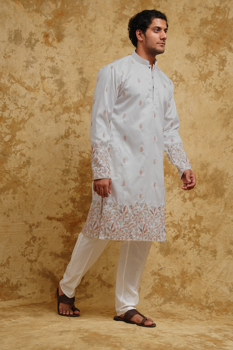 Ivory Pastel Floral Thread-Embroidered Kurta