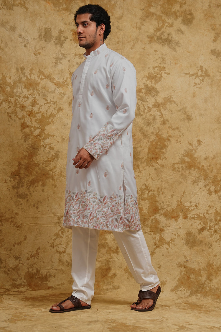 Ivory Pastel Floral Thread-Embroidered Kurta