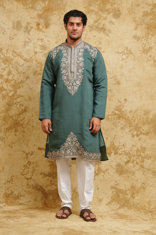 Emerald Regal Zari-Thread Mughal Motif Embroidered Kurta