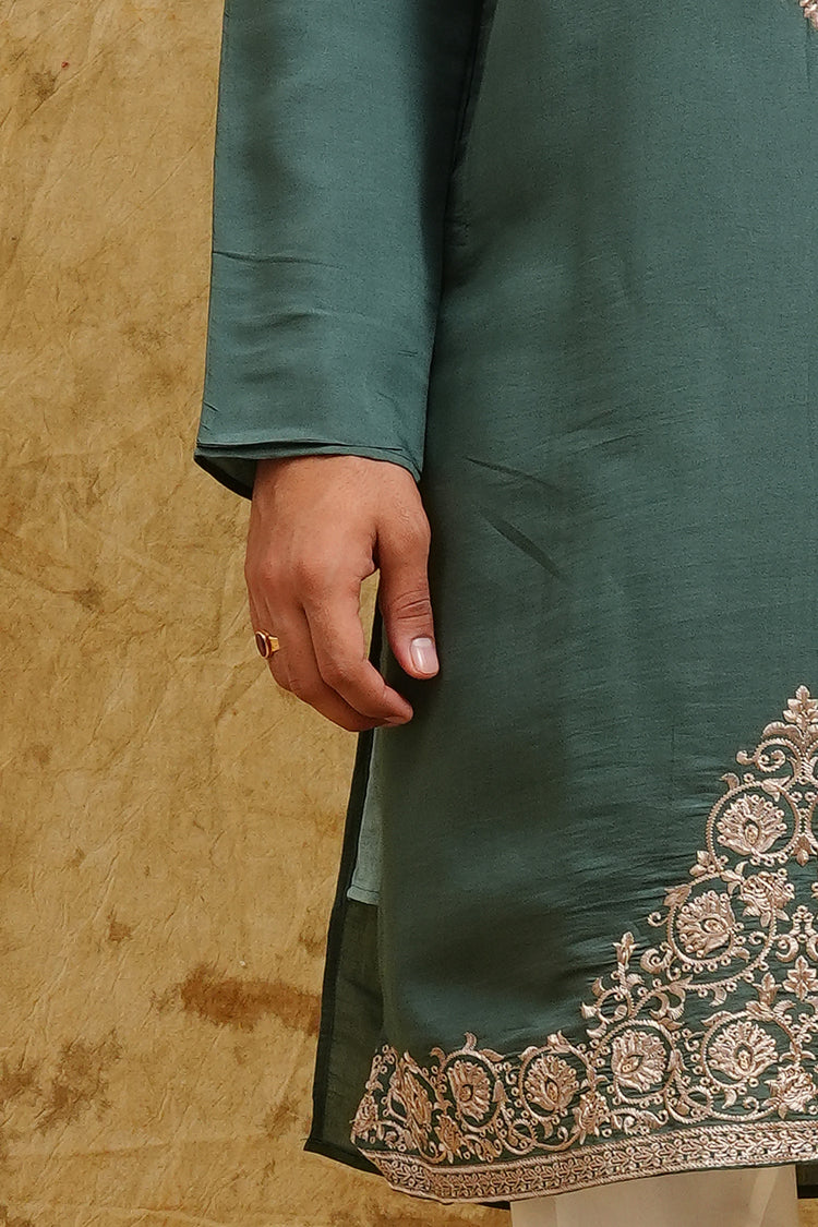 Green Mughal Motif Embroidered Kurta Set for Men