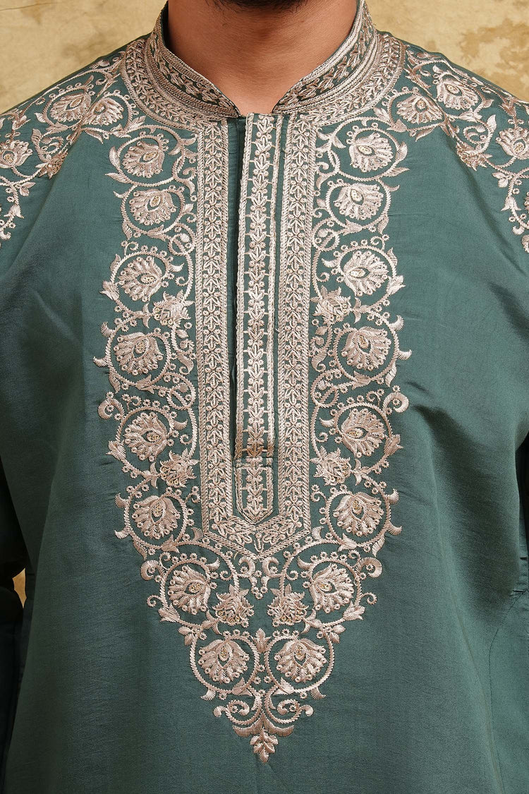 Green Mughal Motif Embroidered Kurta Set for Men