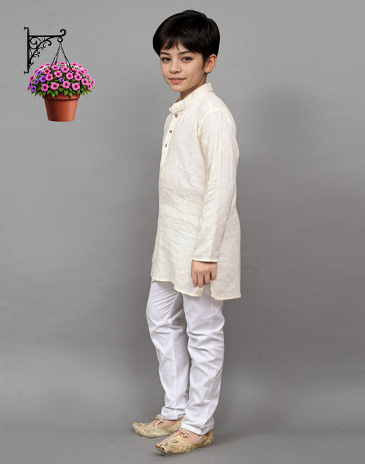 White Self-Design Embroidered Kurta Set – Timeless & Sophisticated for Your Little One