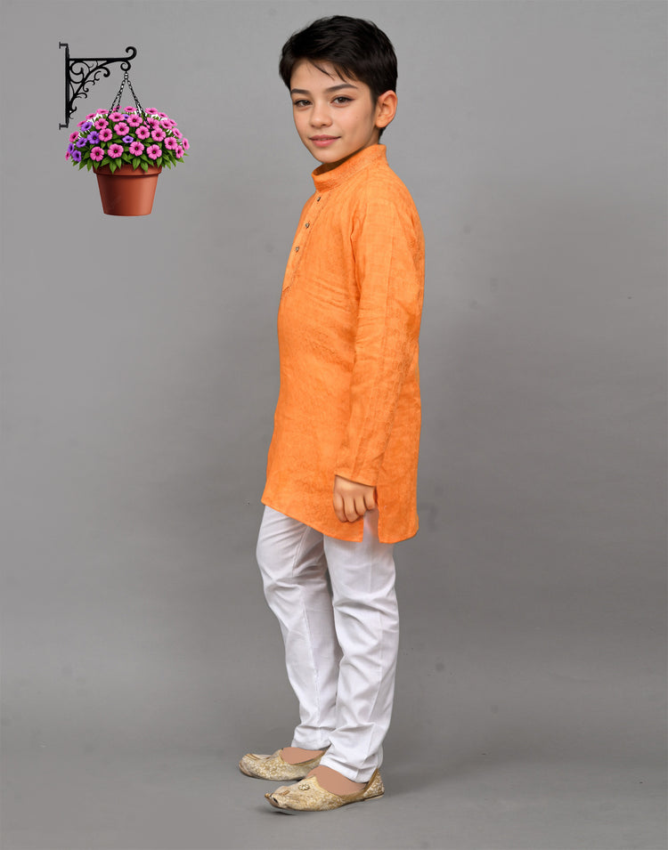 Orange Self-Design Embroidered Kurta Set – Bold & Stylish for Your Little One