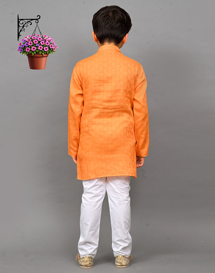 Orange Self-Design Embroidered Kurta Set – Bold & Stylish for Your Little One