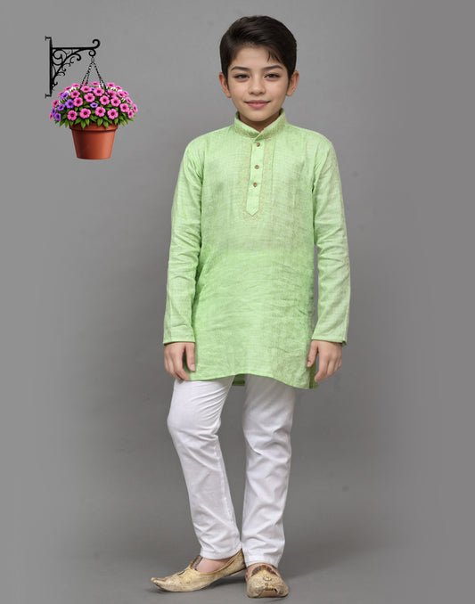 Lime Green Self-Design Embroidered Kurta Set – Playful & Festive for Your Little One