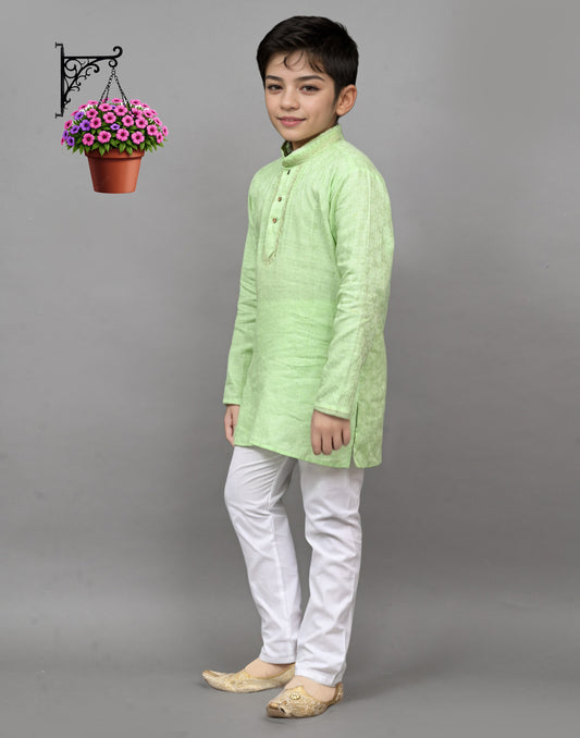 Lime Green Self-Design Embroidered Kurta Set – Playful & Festive for Your Little One