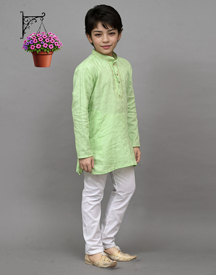 Lime Green Self-Design Embroidered Kurta Set – Playful & Festive for Your Little One