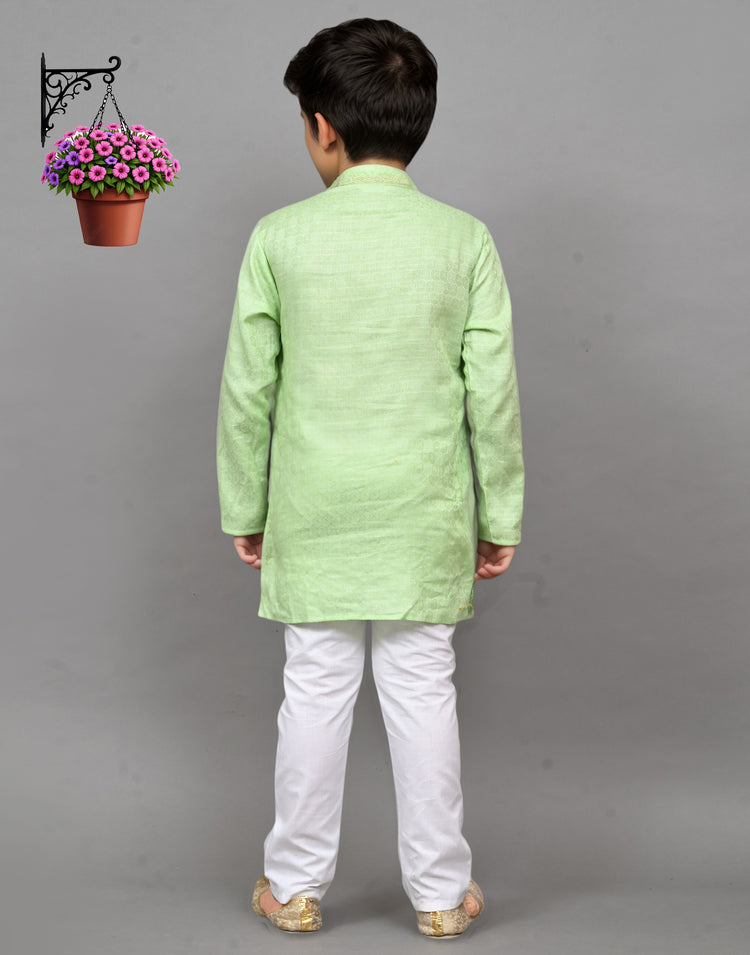 Lime Green Self-Design Embroidered Kurta Set – Playful & Festive for Your Little One