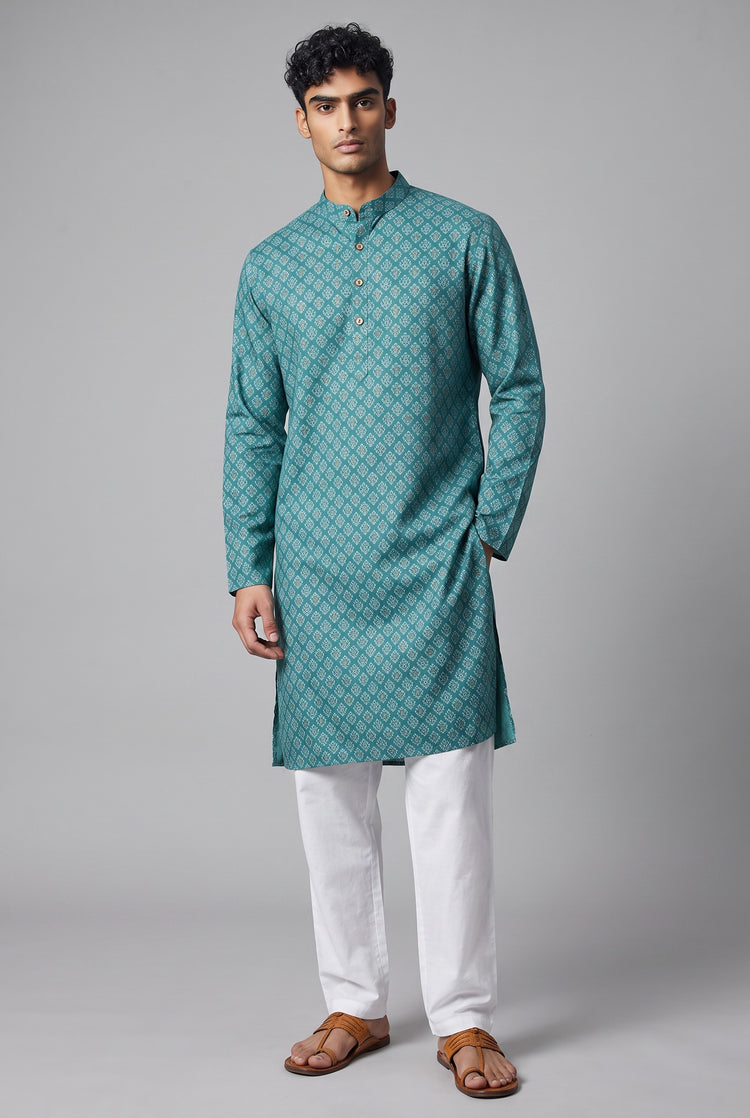 Veshbhoshaa Men's Turquoise Printed Kurta Set