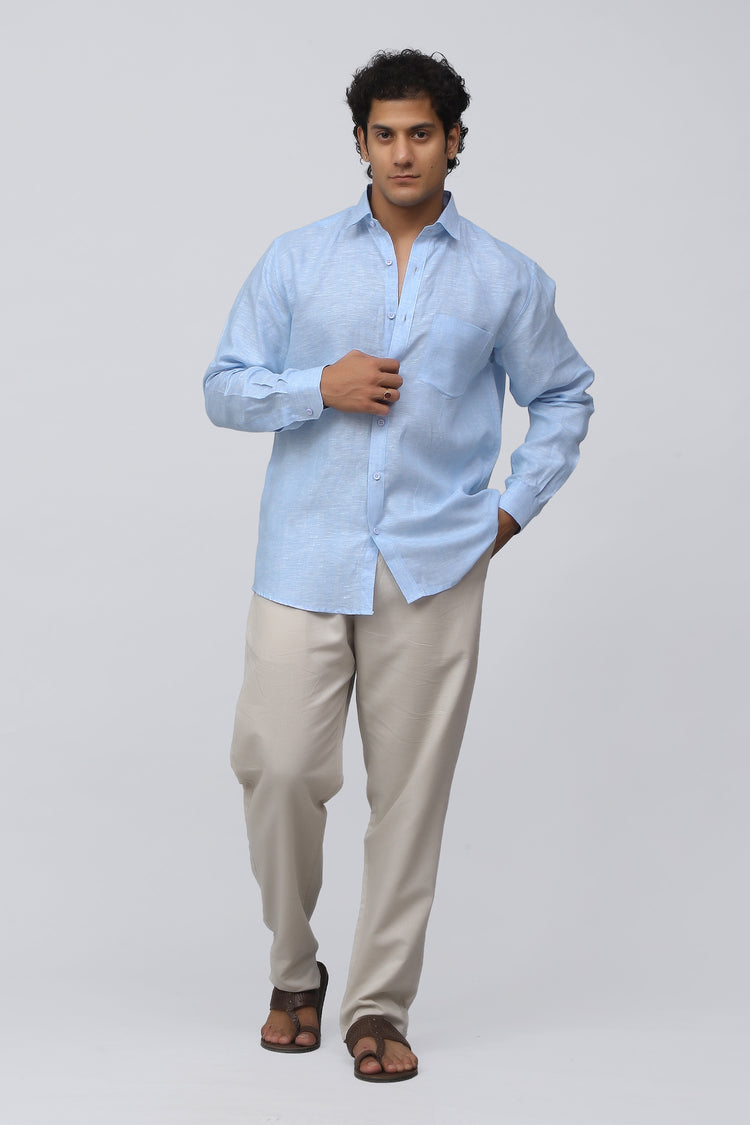 Bluebird Men's 100% Sky Blue Linen Shirt