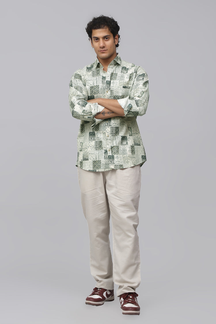 Bluebird Men's Linen Green Printed Shirt