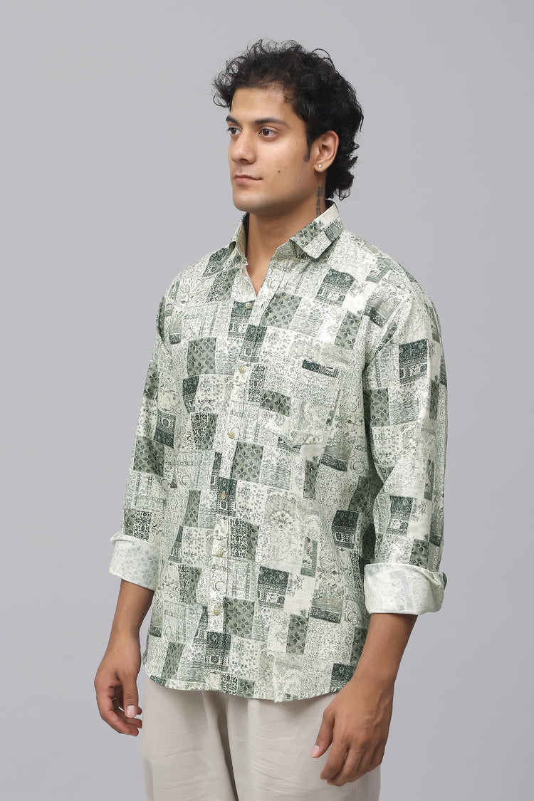 Bluebird Men's Linen Green Printed Shirt